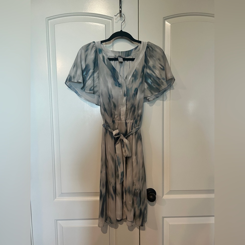 H&M Watercolor Print Sage Green Drees w/ Flutter Sleeves Size S